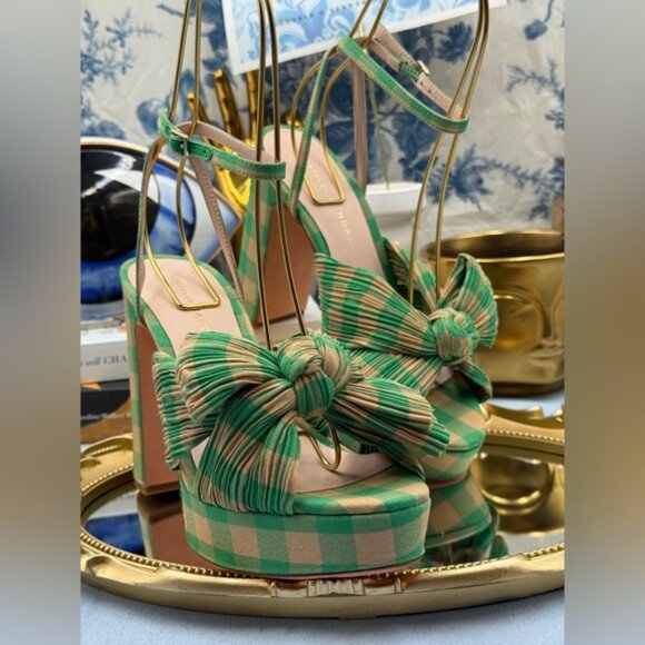 🆕 LOEFFLER RANDALL 🧿 NWOB Natalia Pleated Bow Platform Sandal, Plaid Green Sz7 - Picture 6 of 16